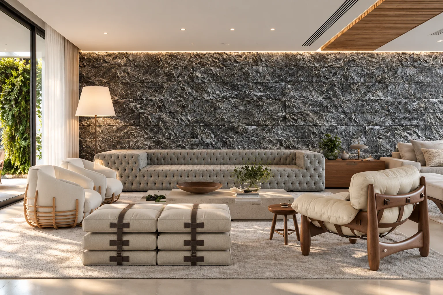 Sala minimalista com parede de pedra com Rockface Matrix – Xisto Matrix — inspiração de aplicação