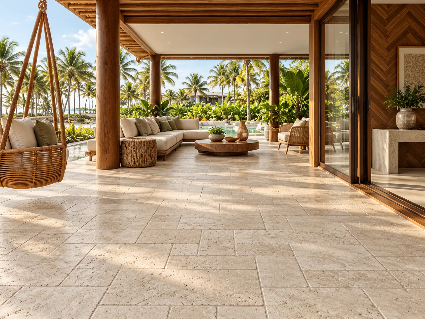 Terraço com French Pattern – Travertino Romano — inspiração de aplicação