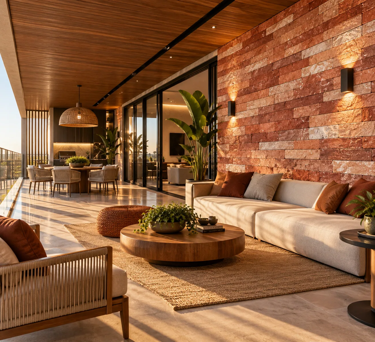 Varanda contemporânea com Arenito Réguas Terracota — inspiração de aplicação