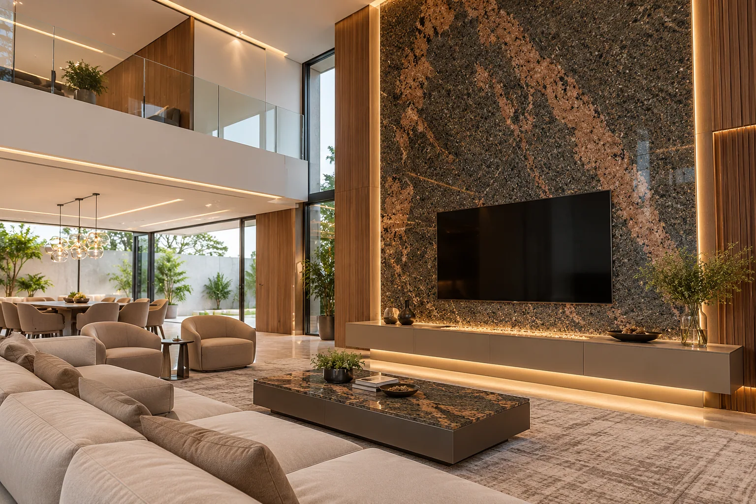 Sala moderna com parede com Marrom Tabaco — inspiração de aplicação