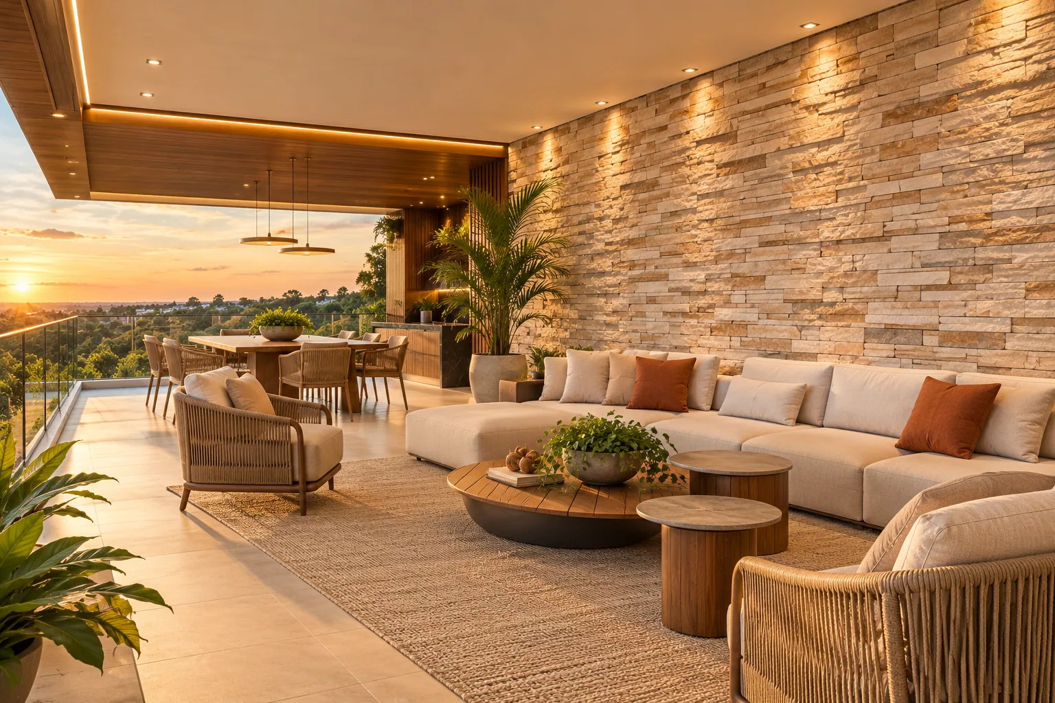 Terraço moderno com Esparcato Travertino Nacional — inspiração de aplicação
