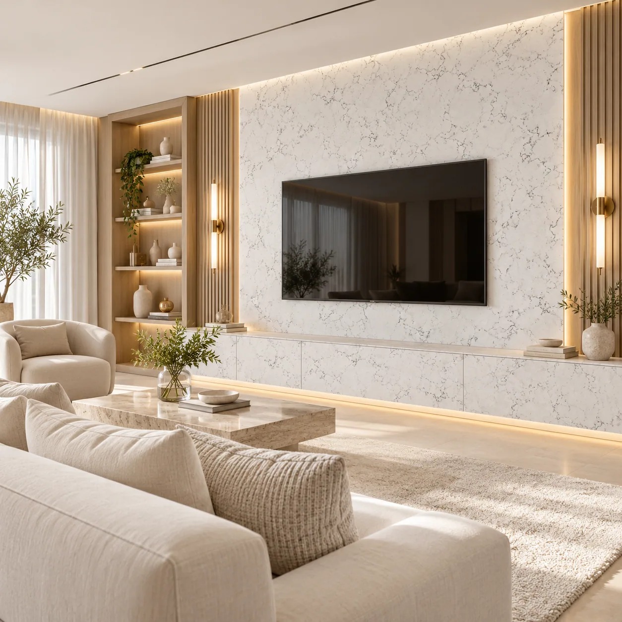 Painel com Carrara Quartzite — inspiração de aplicação